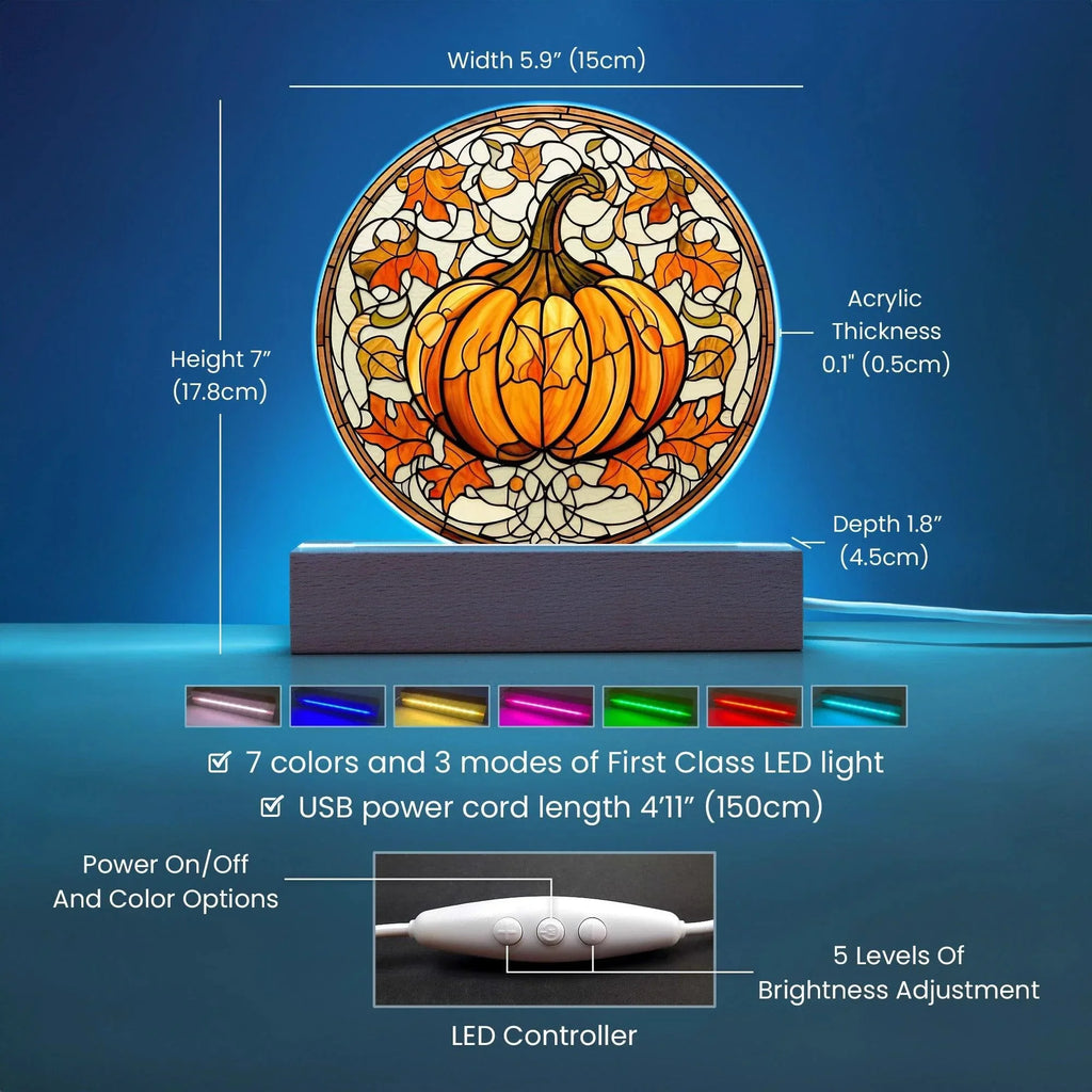 Pumpkin Stained-Glass Fall, Halloween, or Thanksgiving Home Decor Round Acrylic Plaque with Lighted LED Wooden Base
