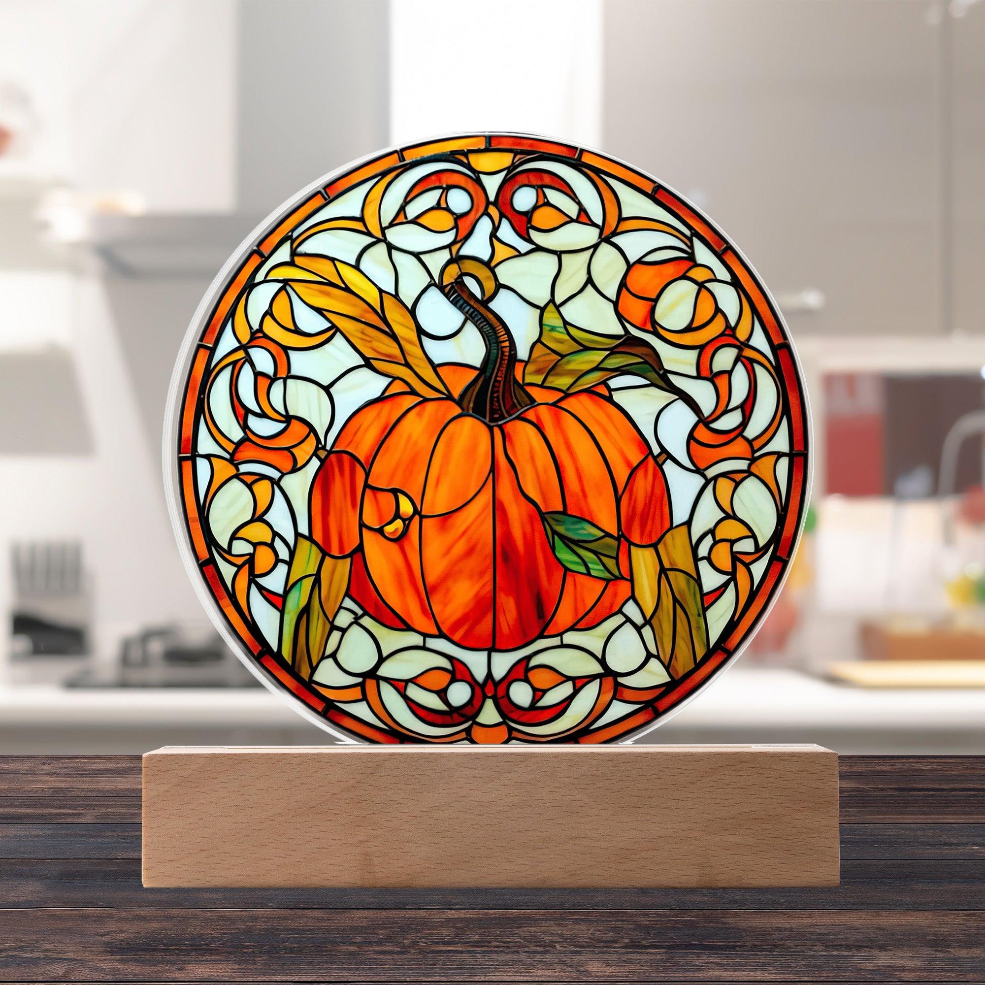 Pumpkin Stained-Glass Fall, Halloween, or Thanksgiving Home Decor Round Acrylic Plaque with Lighted LED Wooden Base - Mallard Moon Gift Shop