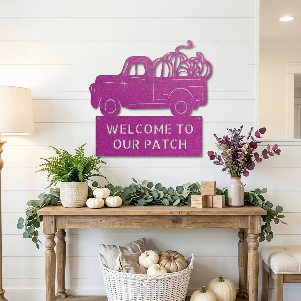 Personalized Vintage Pumpkin Truck Metal Wall Art | Custom Fall Harvest Sign | Farmhouse Autumn Decor | Welcome Pumpkin Patch Sign | Rustic Thanksgiving Wall Decor | Made in USA