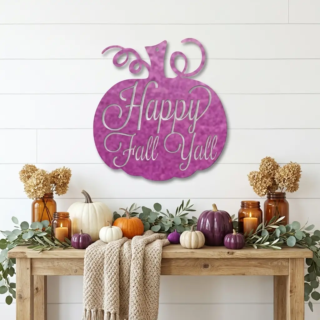 Happy Fall Y'all Pumpkin Metal Wall Art | Autumn Pumpkin Wall Decor | Rustic Farmhouse Fall Sign | Thanksgiving Porch & Entryway Decor | Seasonal Metal Wall Hanging | Made in USA