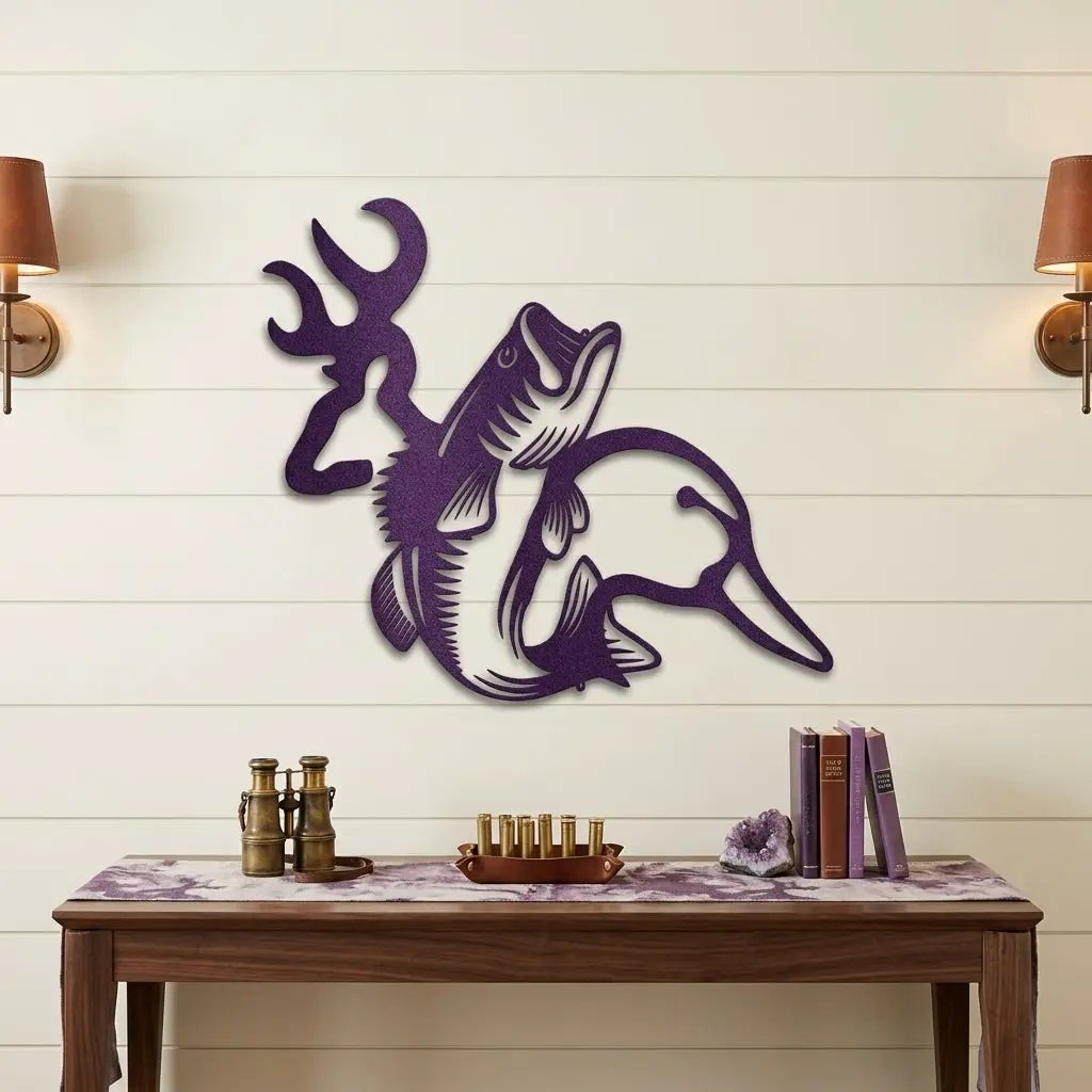 Hunting & Fishing Metal Wall Art – Deer, Duck and Bass Rustic Steel Sign