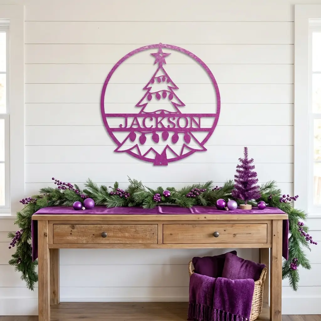Personalized Christmas Tree Metal Wall Art – Custom Family Name Holiday Sign – Handmade Steel Décor (5 Sizes, 5 Colors)