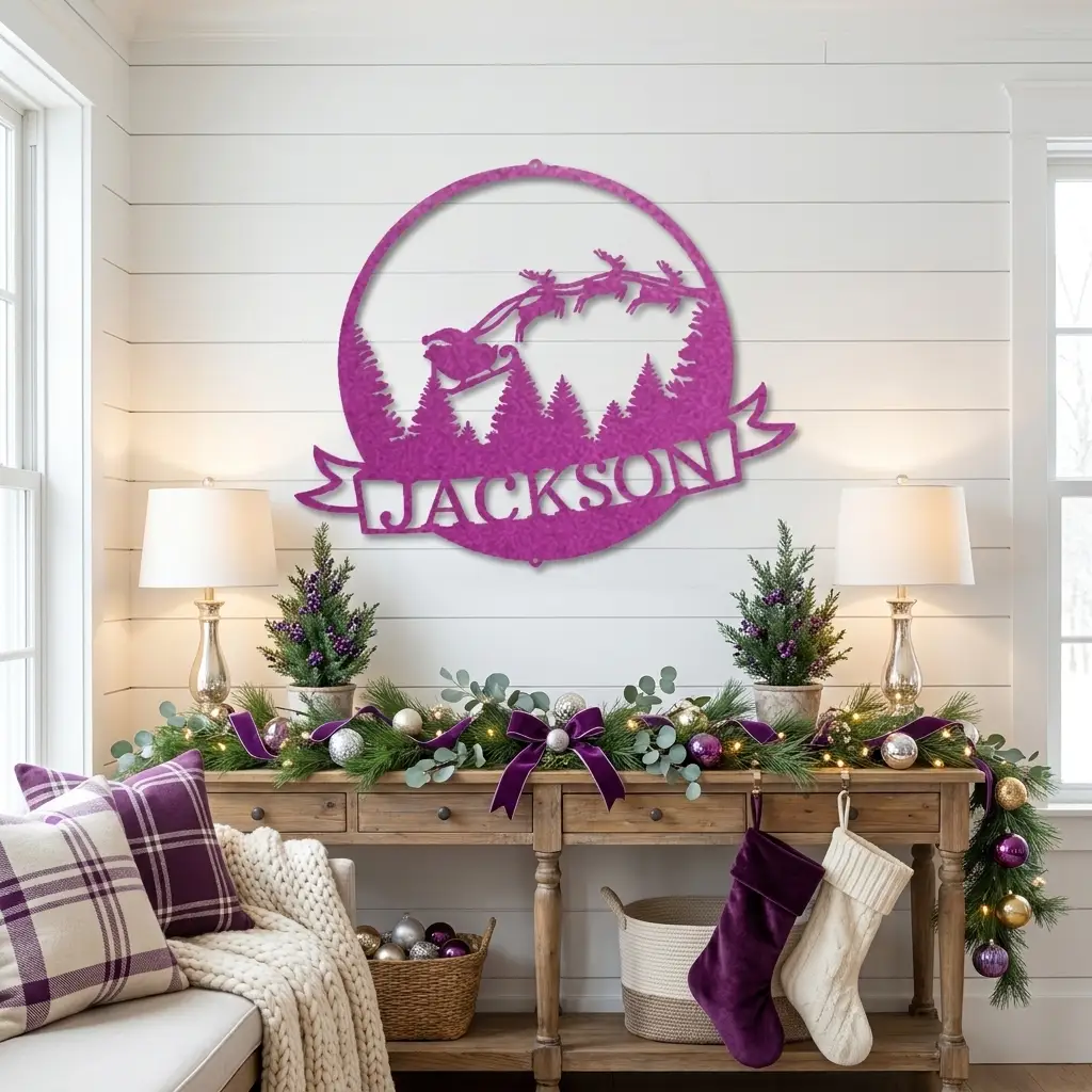 Personalized Santa Sleigh Flying Through Sky Metal Wall Art – Custom Family Name Banner Christmas Sign – Holiday Steel Décor (5 Sizes, 5 Colors)