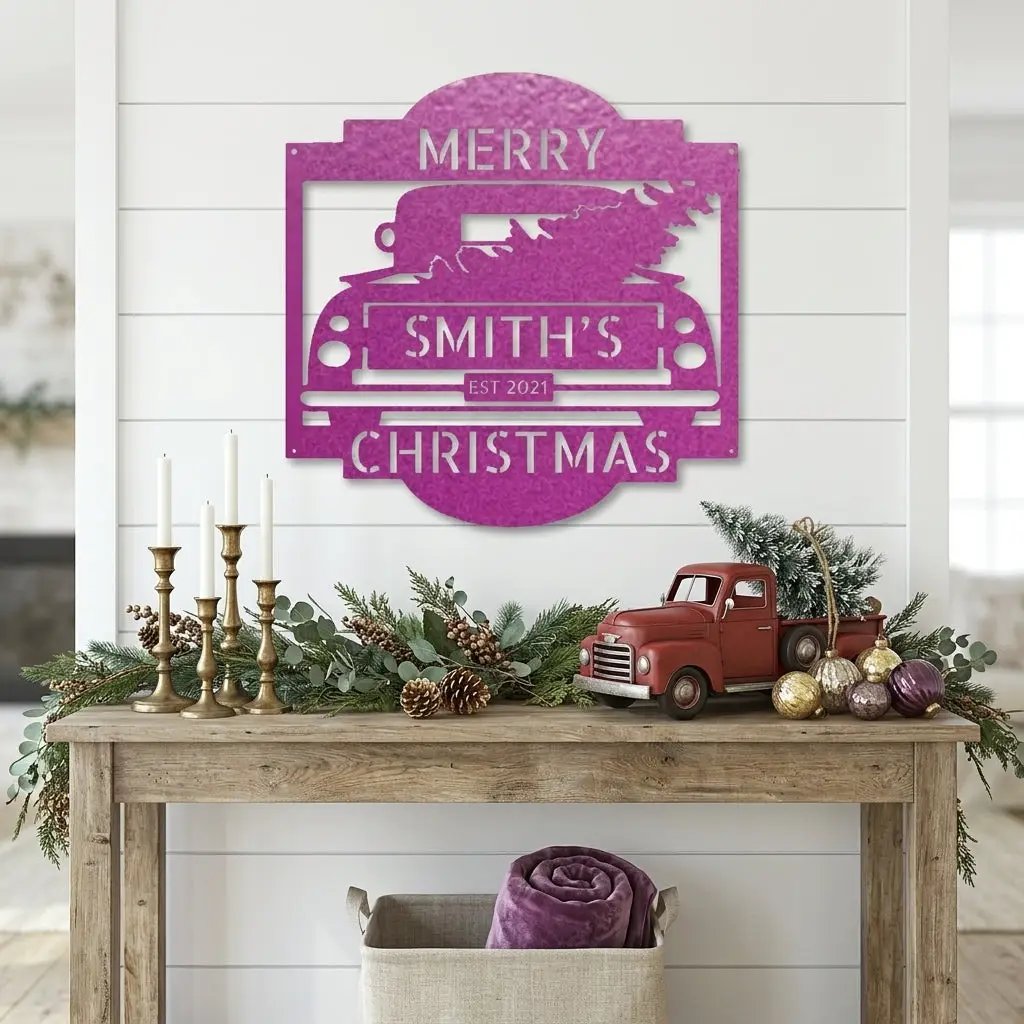 Christmas Truck Personalized Metal Wall Sign | Custom Family Holiday Wall Art | Vintage Truck Christmas Decor | Personalized Name & Year Metal Sign | Made in USA