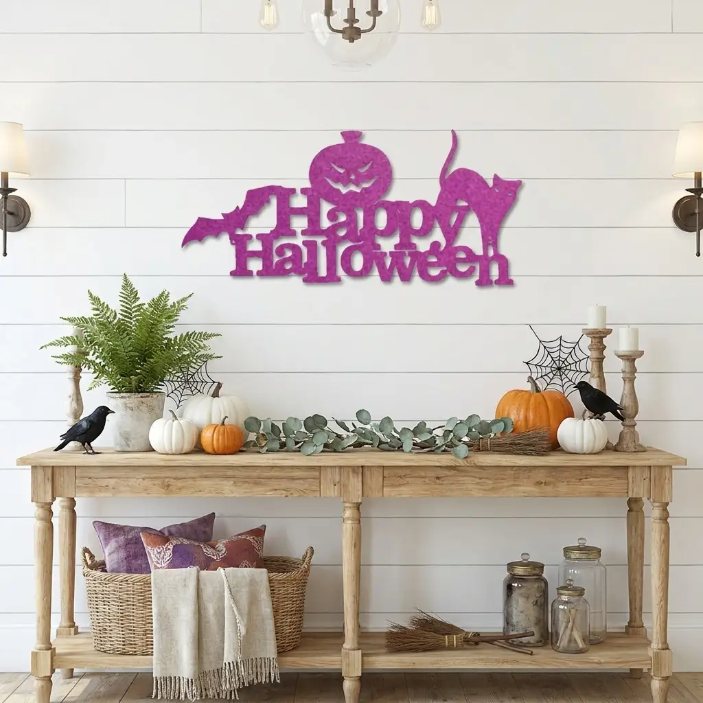 Happy Halloween Metal Wall Art Sign – Pumpkin Bat Cat Halloween Decor – Outdoor Powder Coated Steel Sign – Spooky Farmhouse Porch Decor
