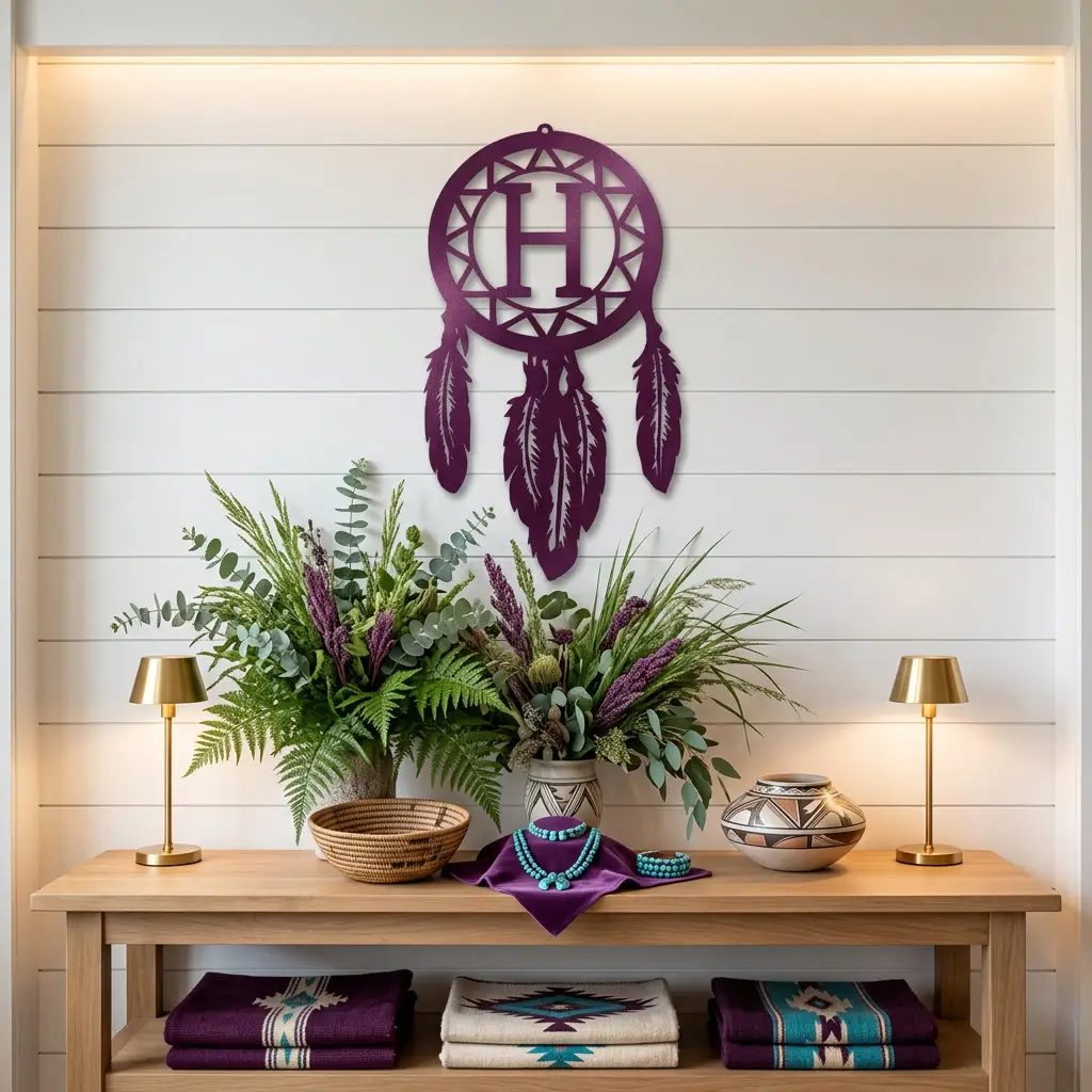 Personalized Dreamcatcher Metal Wall Art – Custom Initial Southwestern Feather Décor