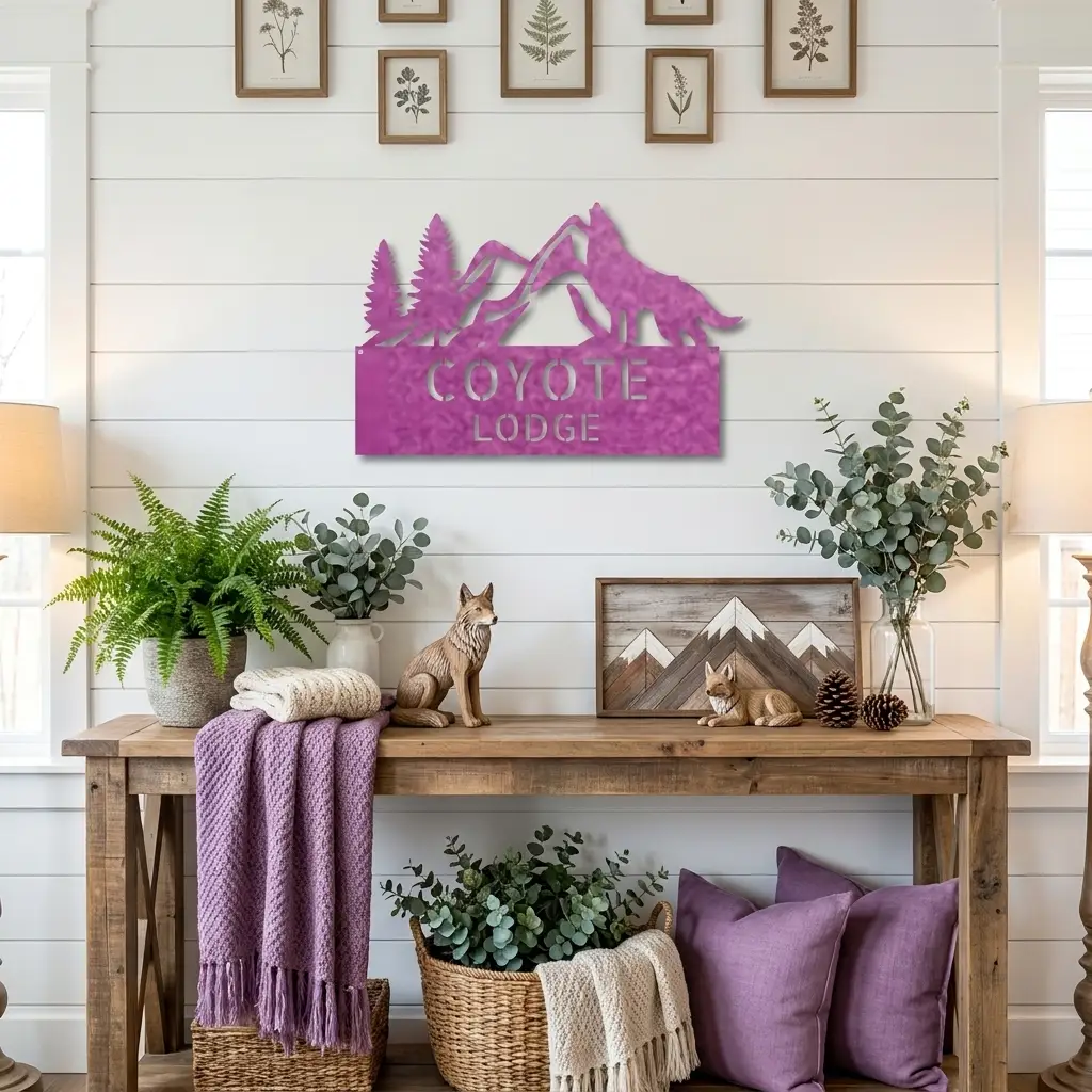 Coyote and Mountains Custom Name Metal Wall Sign