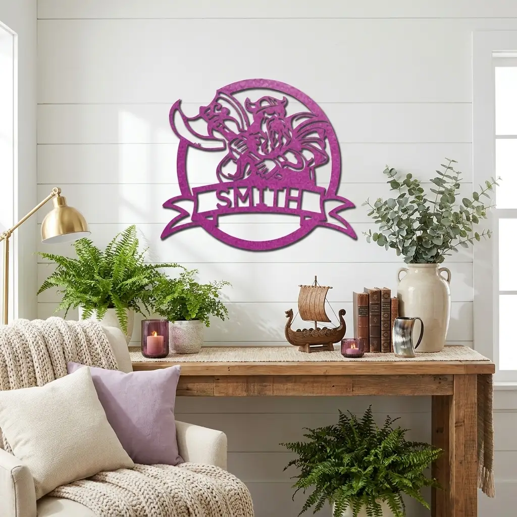 Fighting Viking Monogram Personalized Name Indoor Outdoor Steel Wall Sign Metal Man Cave Art
