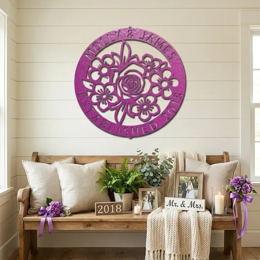 Personalized Floral Family Name Metal Sign | Custom Established Date Wall Art | Round Flower Monogram Steel Decor | Wedding, Anniversary & Housewarming Gift