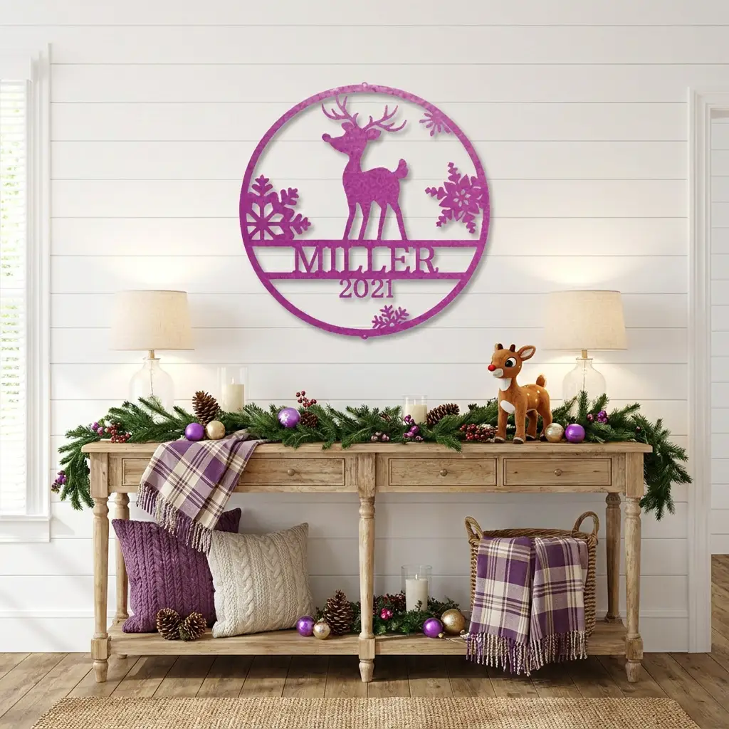 Rudolph Reindeer Christmas Personalized Metal Sign | Custom Family Name & Year Holiday Wall Art | Reindeer Snowflake Metal Decor | Christmas Gift for Family