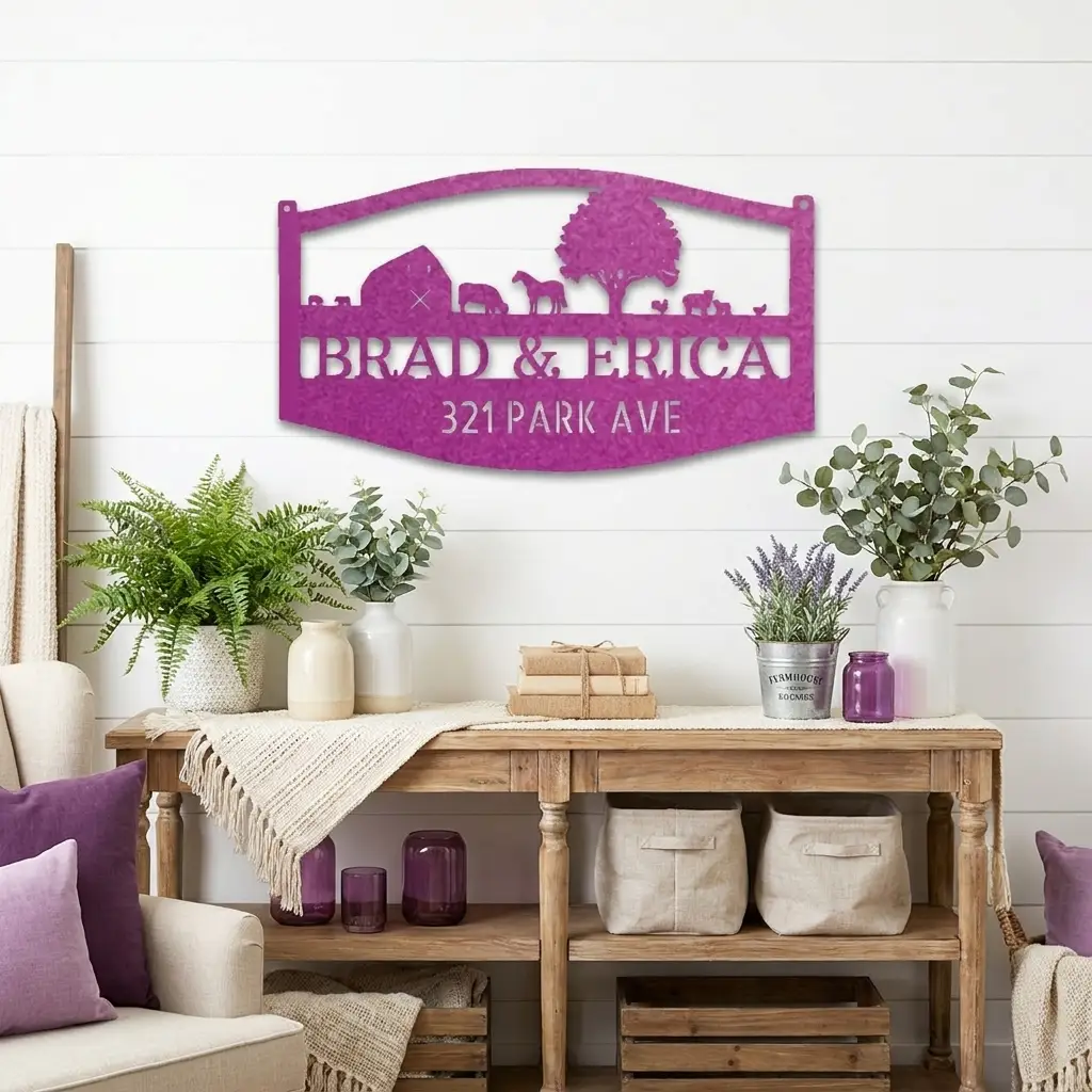 Farm Scene Custom Name Indoor Outdoor Monogram Steel Wall Sign