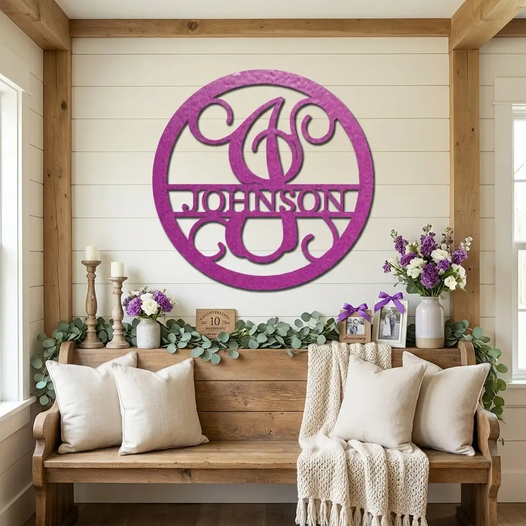 Circle Vine Monogram Personalized Name Indoor Outdoor Steel Wall Sign Metal Art