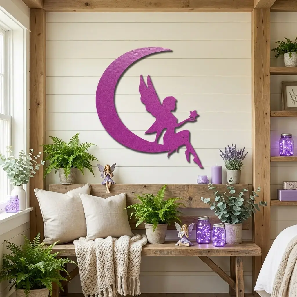 Fairy on Moon Metal Wall Art | Crescent Moon Fairy Wall Decor | Fantasy Metal Wall Hanging | Fairy Bedroom Decor | Made in USA