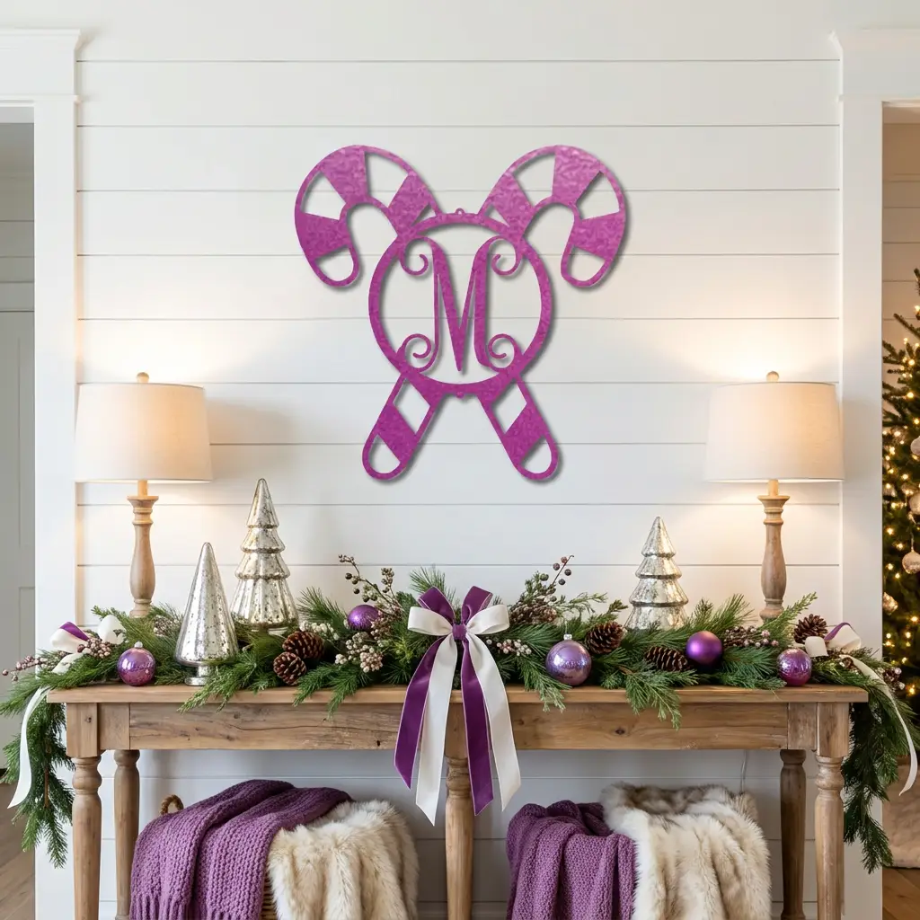 Personalized Candy Cane Monogram Metal Wall Art – Custom Initial Christmas Sign – Holiday Steel Décor (5 Sizes, 5 Colors)