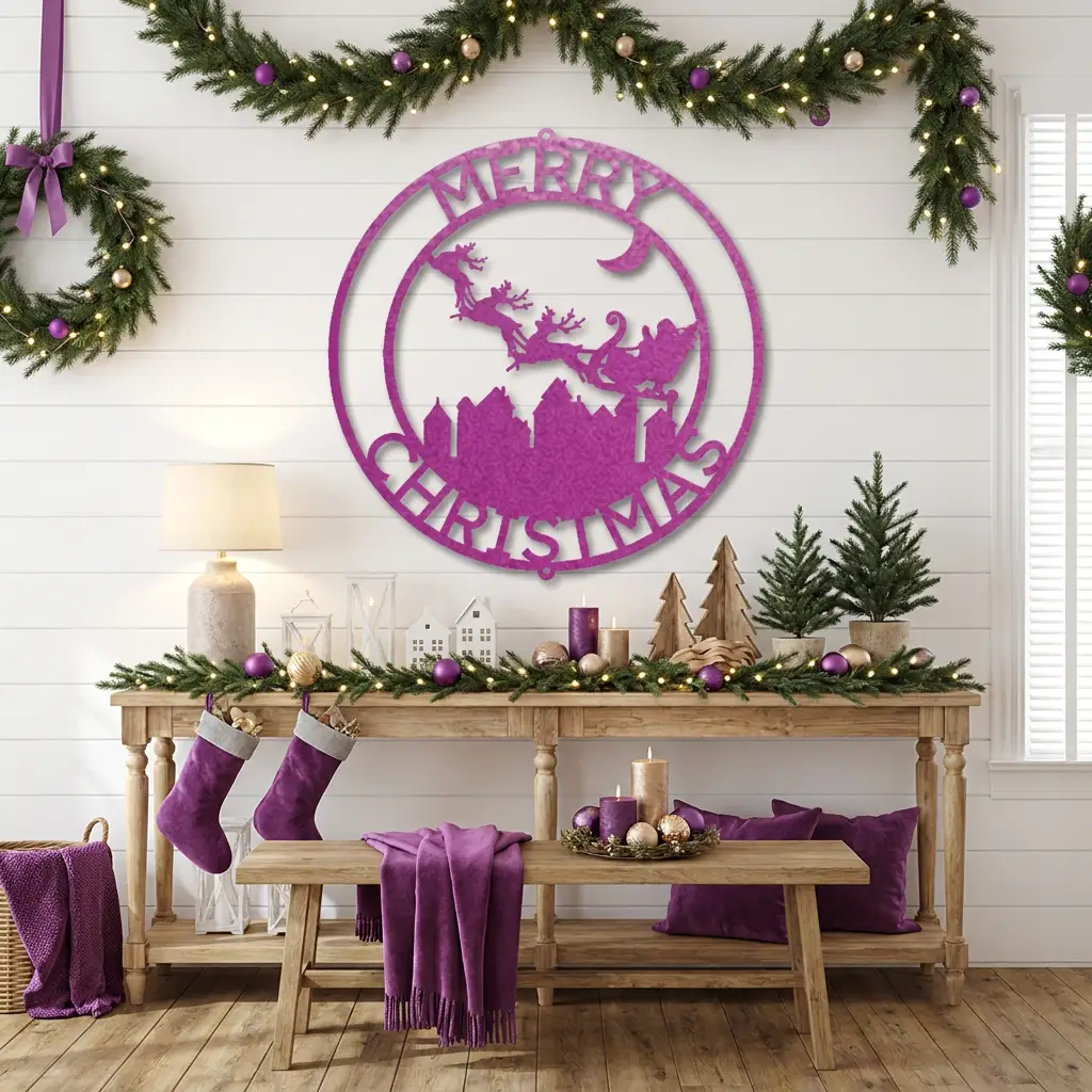 Personalized Santa Sleigh Flying Over Town Metal Wall Art – Custom Family Name Christmas Sign – Holiday Steel Décor (5 Sizes, 5 Colors)