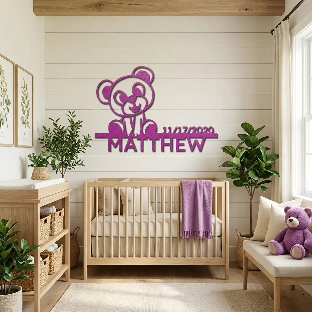 Personalized Teddy Bear Nursery Metal Wall Art – Custom Baby Name Sign with Birth Date – Nursery Decor – Baby Shower Gift