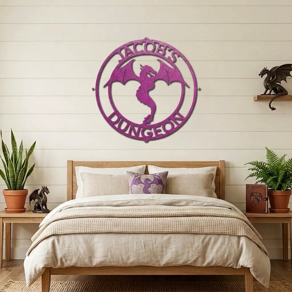 Personalized Dragon Metal Wall Art | Custom Fantasy Dragon Sign | Medieval Dragon Steel Wall Decor | Custom Name & Phrase | Made in USA