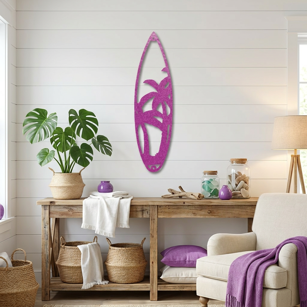 Palm Tree Surfboard Metal Wall Art | Tropical Coastal Beach Decor | Surfboard Shaped Metal Wall Hanging | Island & Ocean Home Decor | Made in USA