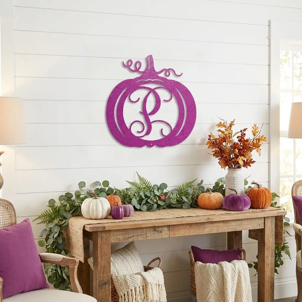Pumpkin Custom Family Name Initial Monogram Indoor Outdoor Steel Wall Sign