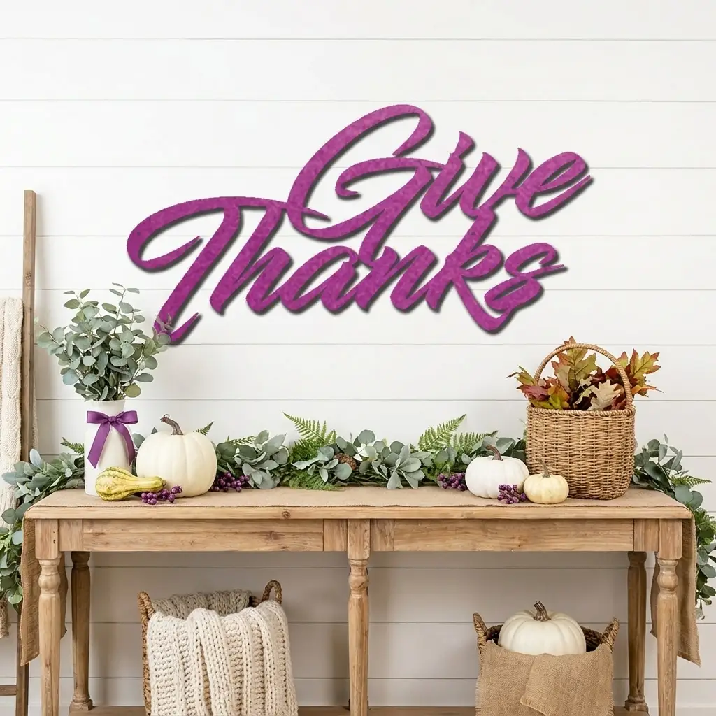 Give Thanks Metal Sign, Farmhouse Wall Decor, Thanksgiving Decor, Script Wall Art, Fall Home Decor, Gratitude Sign