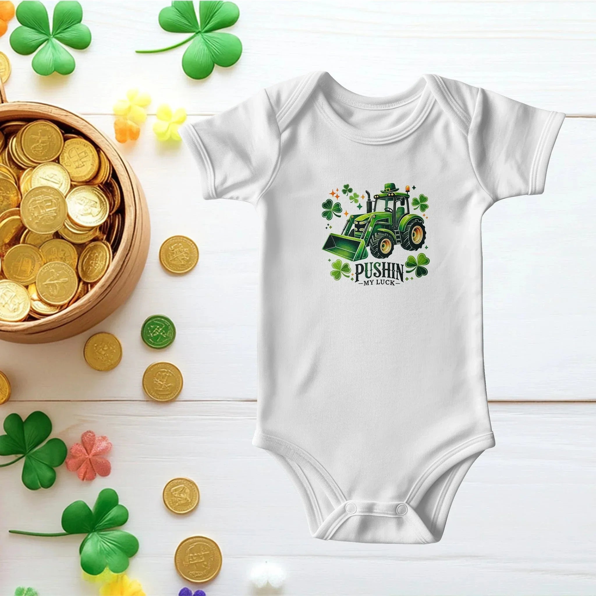Pushin’ My Luck St. Patrick’s Day Baby Bodysuit – Funny Tractor & Shamrock Onesie – Soft Cotton Infant Romper – Irish Holiday Outfit & Baby Gift