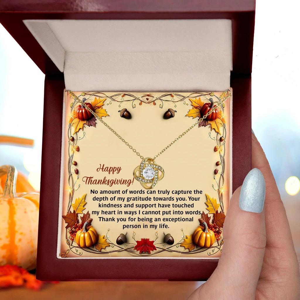 Thanksgiving Gift for Her – “Put Into Words” Love Knot Necklace with Message Card | Heartfelt Gratitude Gift for Her