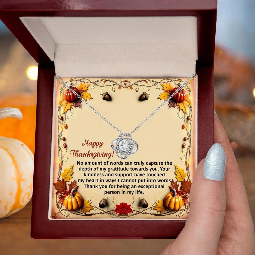 Thanksgiving Gift for Her – “Put Into Words” Love Knot Necklace with Message Card | Heartfelt Gratitude Gift for Her