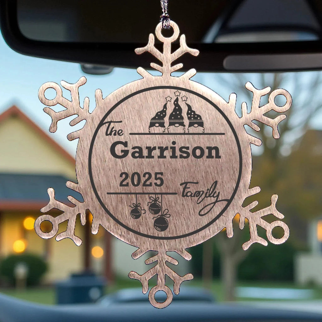 Personalized 3 Gnome Family Snowflake Ornament – Custom Stainless Steel Christmas Keepsake with Gift Bag – Engraved Names & Dates Holiday Decor for Family, Friends, Couples