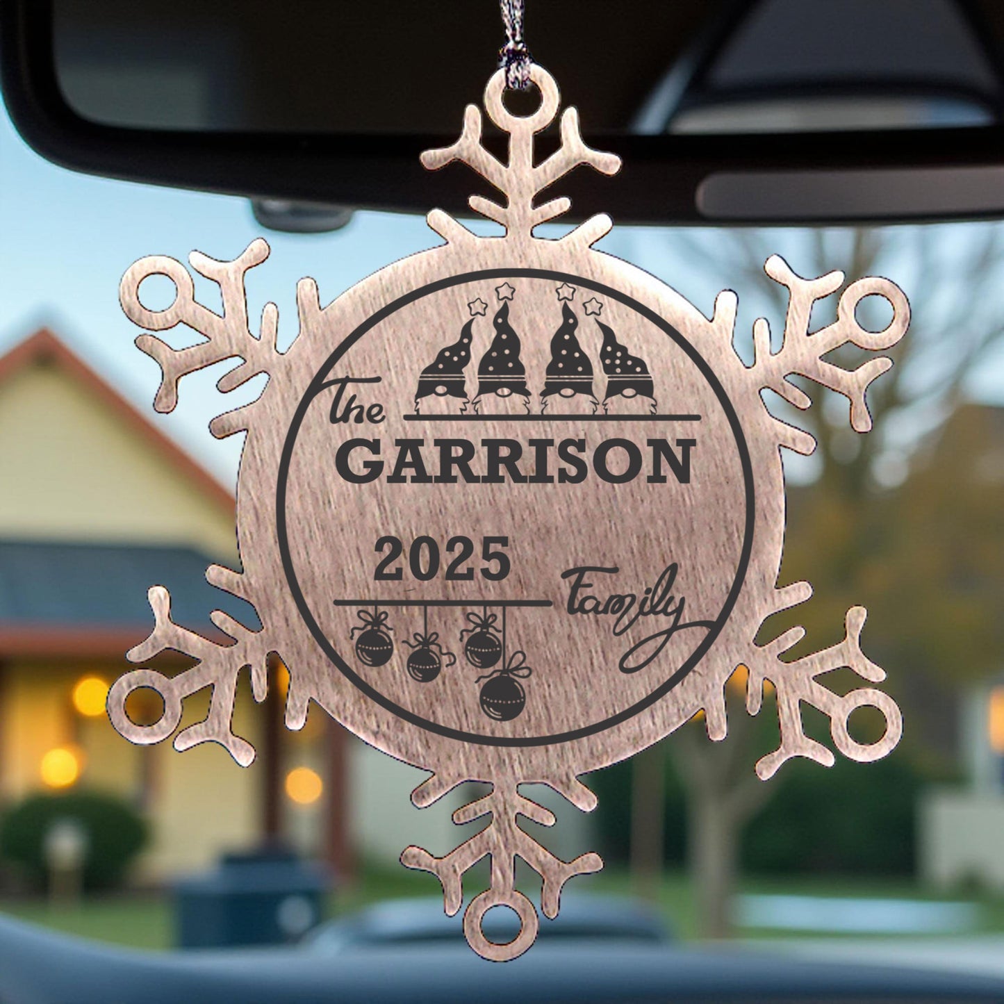 Personalized 4 Gnome Family Snowflake Ornament – Custom Stainless Steel Christmas Keepsake with Gift Bag – Engraved Names & Dates Holiday Decor for Family or Friends - Mallard Moon
