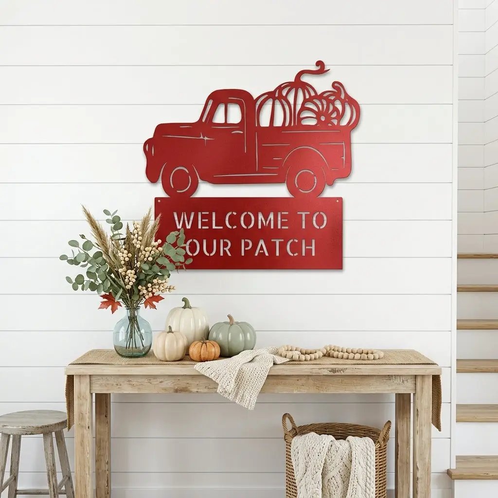 Personalized Vintage Pumpkin Truck Metal Wall Art | Custom Fall Harvest Sign | Farmhouse Autumn Decor | Welcome Pumpkin Patch Sign | Rustic Thanksgiving Wall Decor | Made in USA