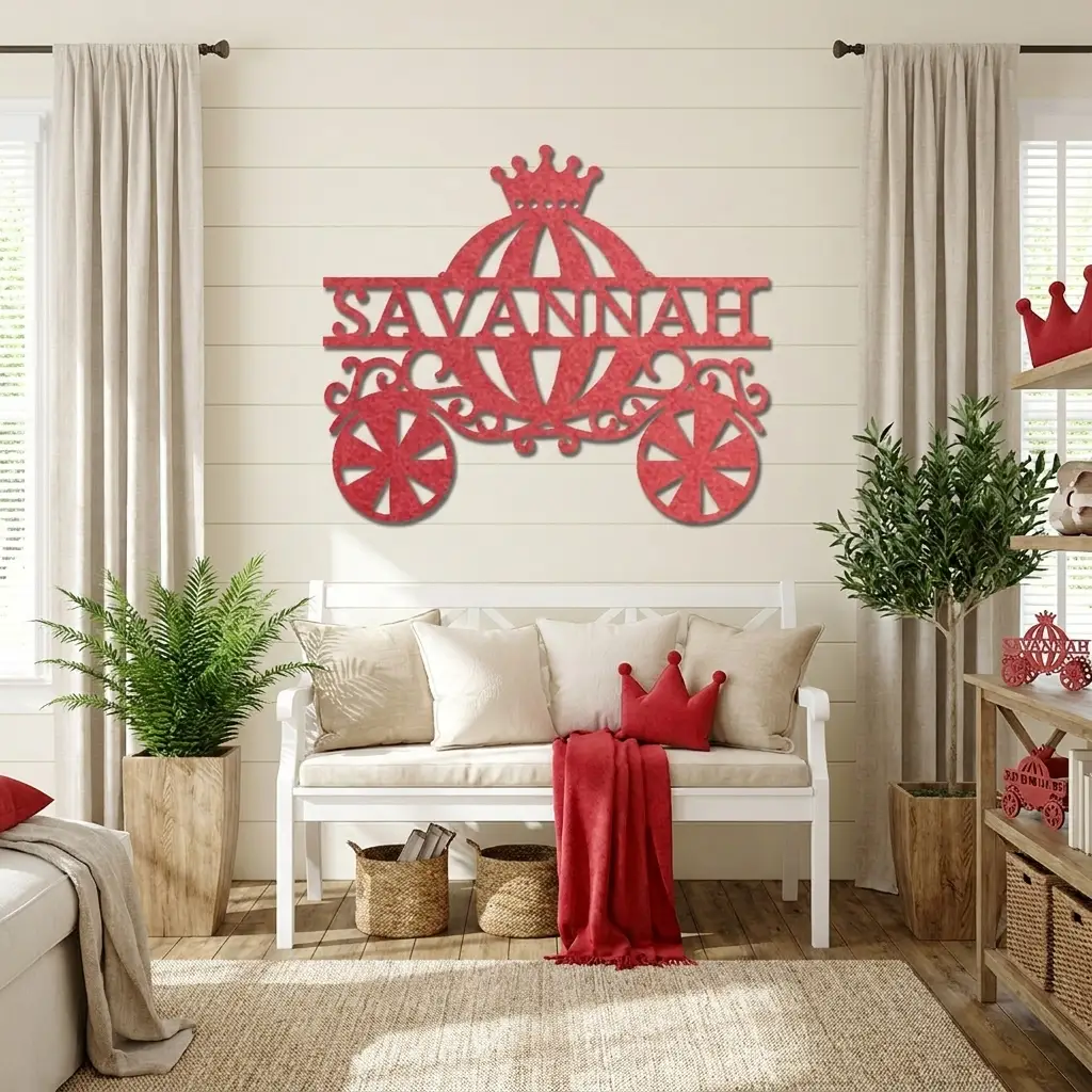 Personalized Fairytale Carriage Metal Wall Art | Custom Name Princess Carriage Sign | Girls Bedroom Decor | Whimsical Metal Wall Art | Made in USA