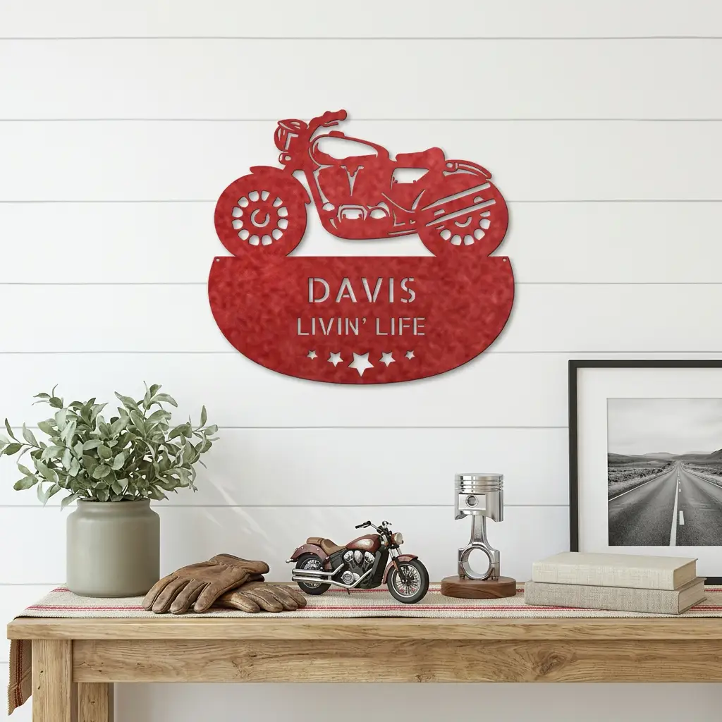 Personalized Motorcycle Metal Wall Sign – Custom Name Laser-Cut Steel Art for Indoors & Outdoors