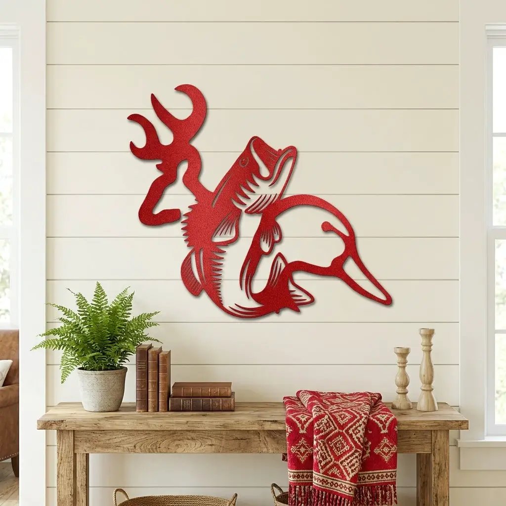 Hunting & Fishing Metal Wall Art – Deer, Duck and Bass Rustic Steel Sign