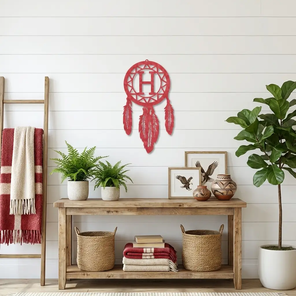 Personalized Dreamcatcher Metal Wall Art – Custom Initial Southwestern Feather Décor