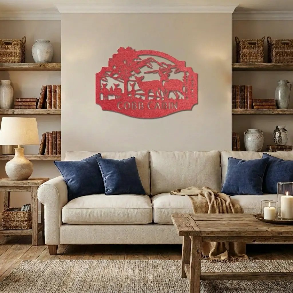 Personalized Deer Cabin Metal Wall Art – Rustic Family Name Sign – Hunting Lodge Decor – Custom Mountain Scene Steel Sign – Cabin Wall Decor Gift