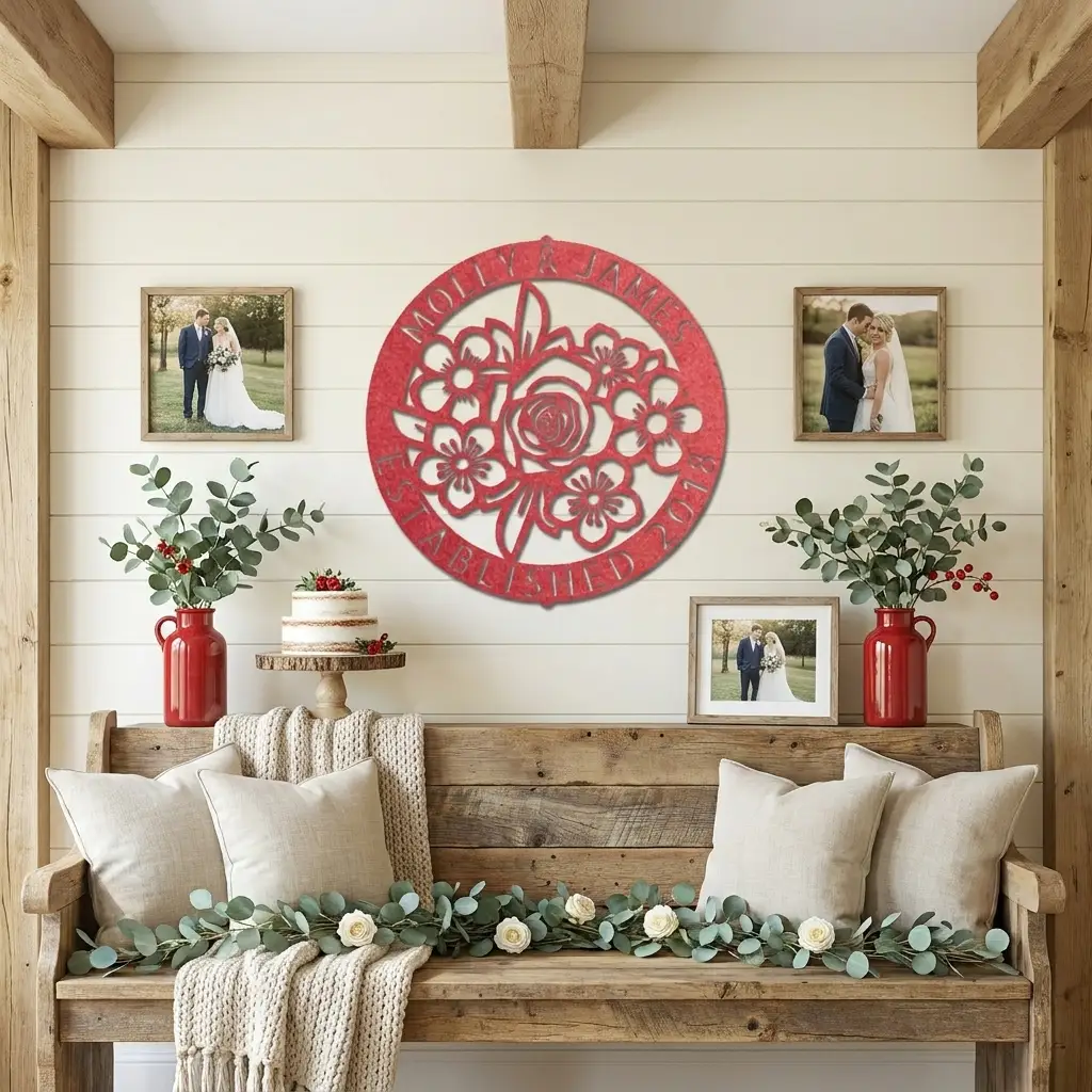 Personalized Floral Family Name Metal Sign | Custom Established Date Wall Art | Round Flower Monogram Steel Decor | Wedding, Anniversary & Housewarming Gift