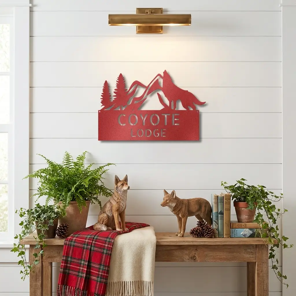 Coyote and Mountains Custom Name Metal Wall Sign