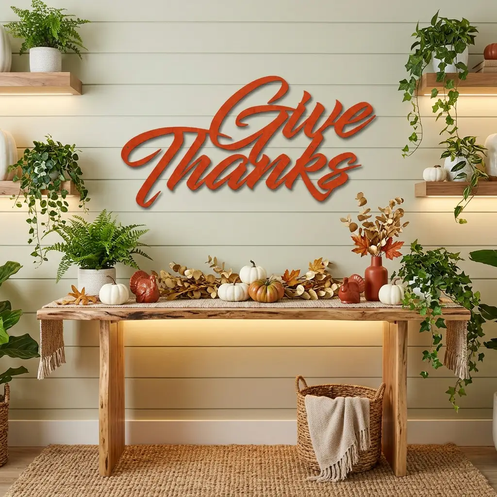 Give Thanks Metal Sign, Farmhouse Wall Decor, Thanksgiving Decor, Script Wall Art, Fall Home Decor, Gratitude Sign