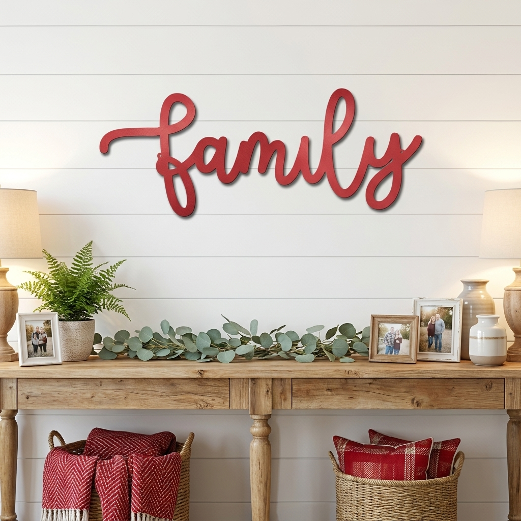 Family Script Metal Wall Art – Modern Farmhouse Decor – Minimalist Home Sign – Family Wall Decor