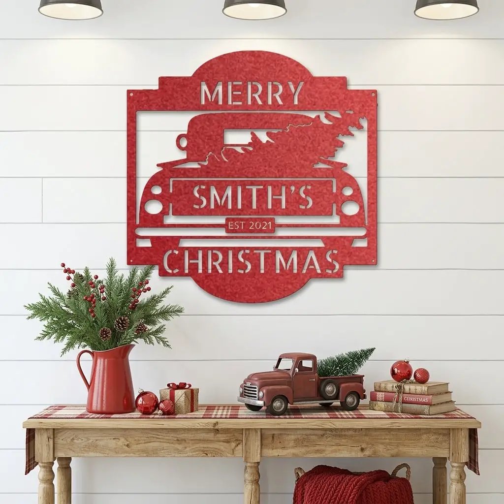 Christmas Truck Personalized Metal Wall Sign | Custom Family Holiday Wall Art | Vintage Truck Christmas Decor | Personalized Name & Year Metal Sign | Made in USA