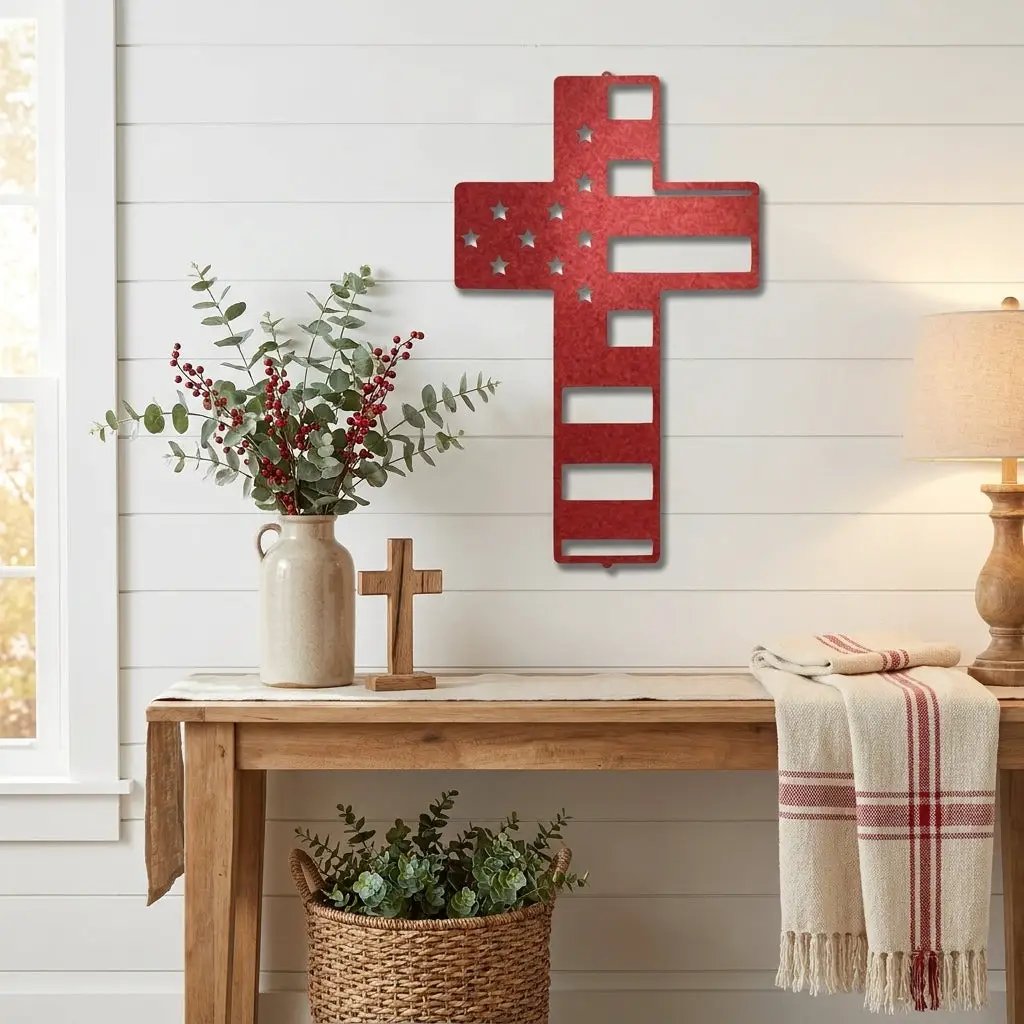 American Flag Cross Metal Wall Art – Patriotic Christian Cross Decor – USA Flag Faith Steel Sign – Veteran Tribute Wall Decor