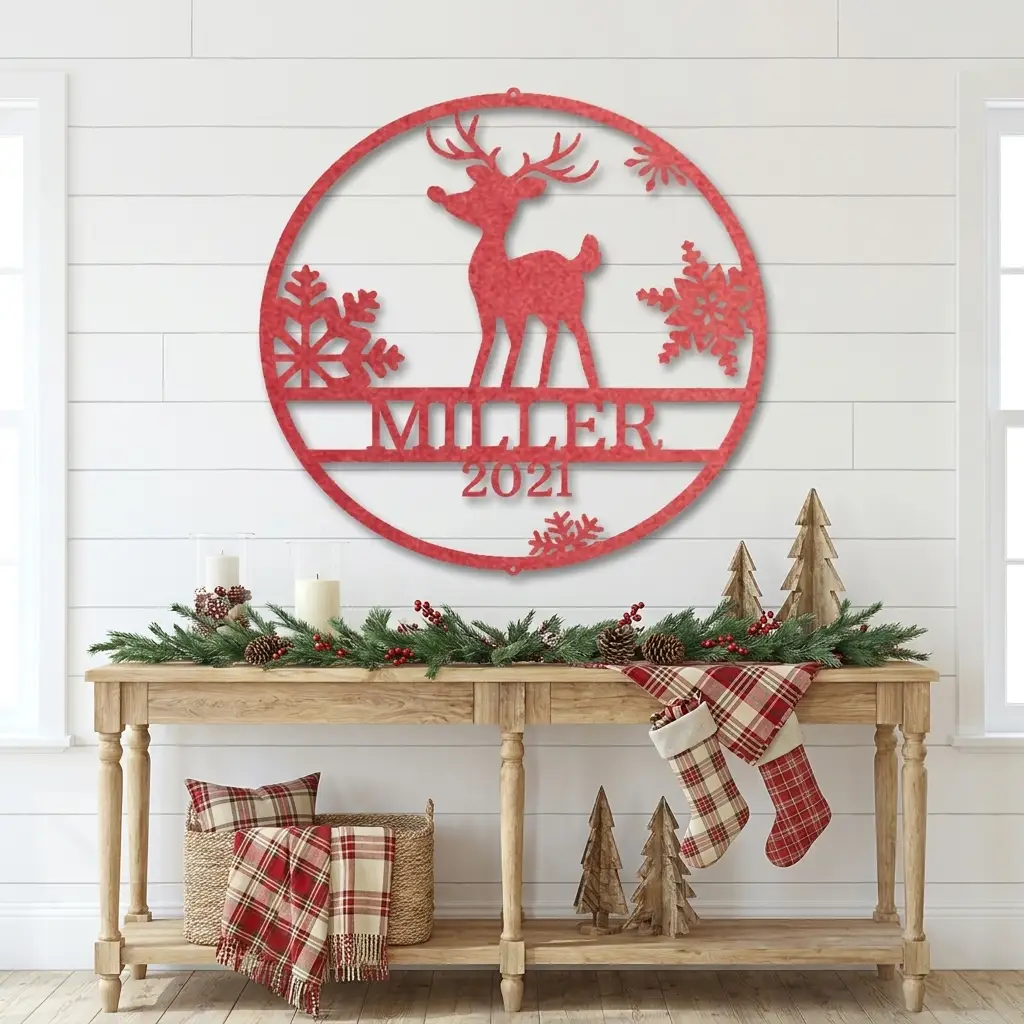 Rudolph Reindeer Christmas Personalized Metal Sign | Custom Family Name & Year Holiday Wall Art | Reindeer Snowflake Metal Decor | Christmas Gift for Family