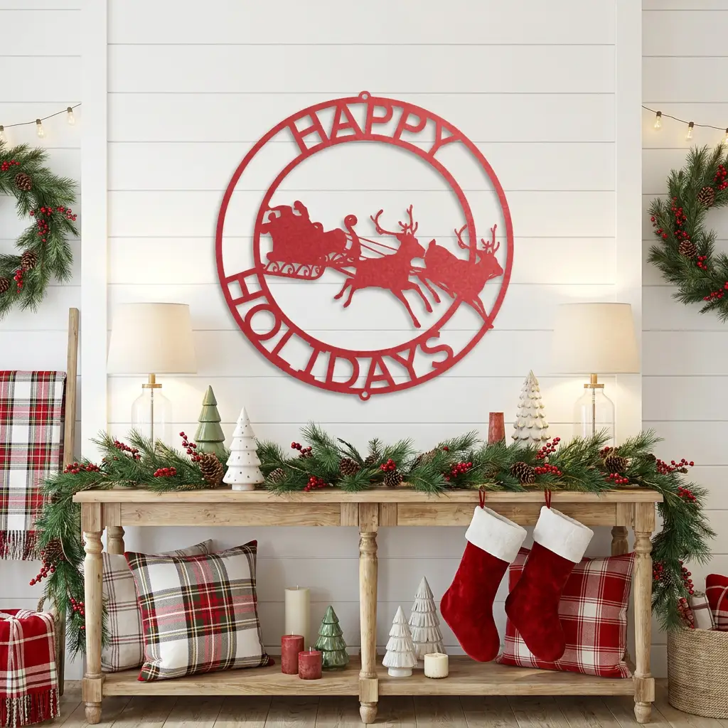 Personalized Santa Sleigh & Reindeer Metal Wall Art – Custom Family Name Christmas Sign – Handmade Steel Décor (5 Sizes, 5 Colors)