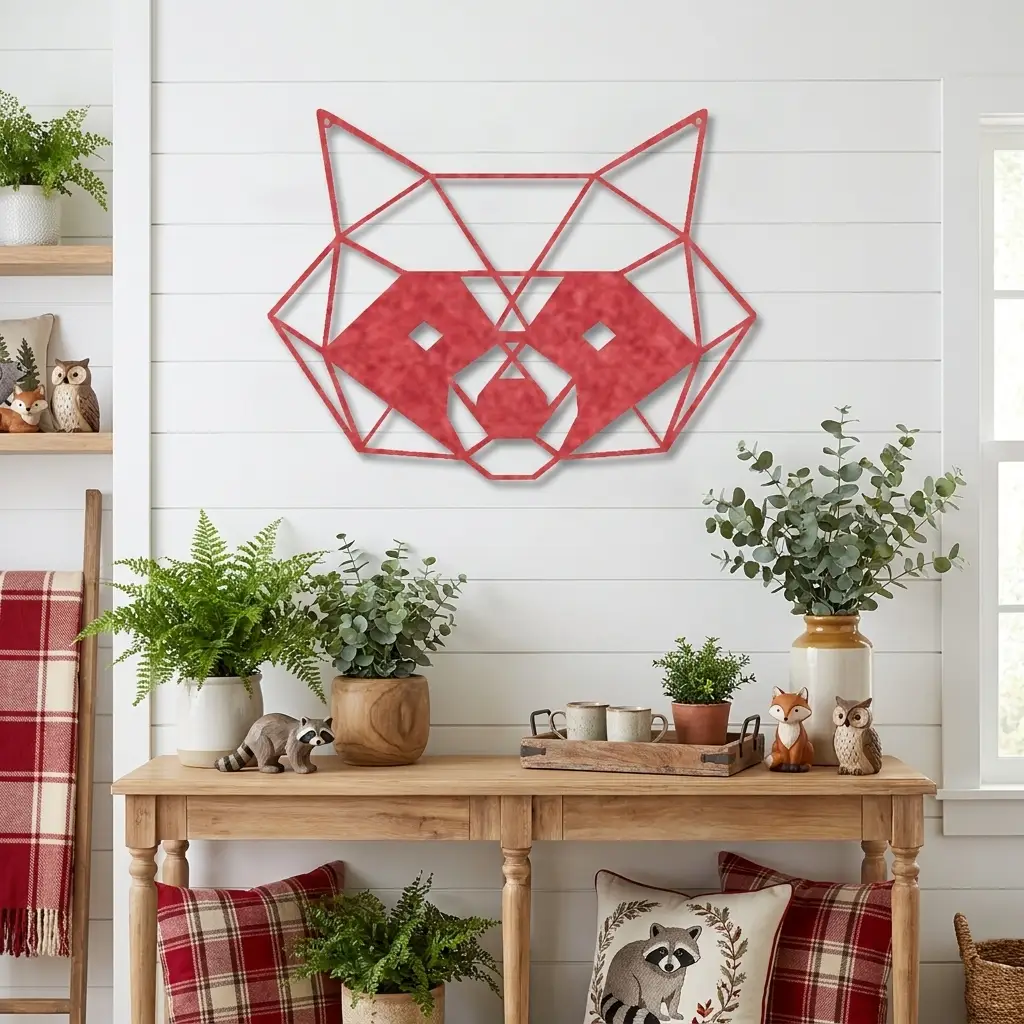Geometric Raccoon Metal Wall Art – Modern Wildlife Steel Sign, Rustic Cabin Decor, Forest Animal Wall Hanging, Laser Cut Metal Art 12"–36"