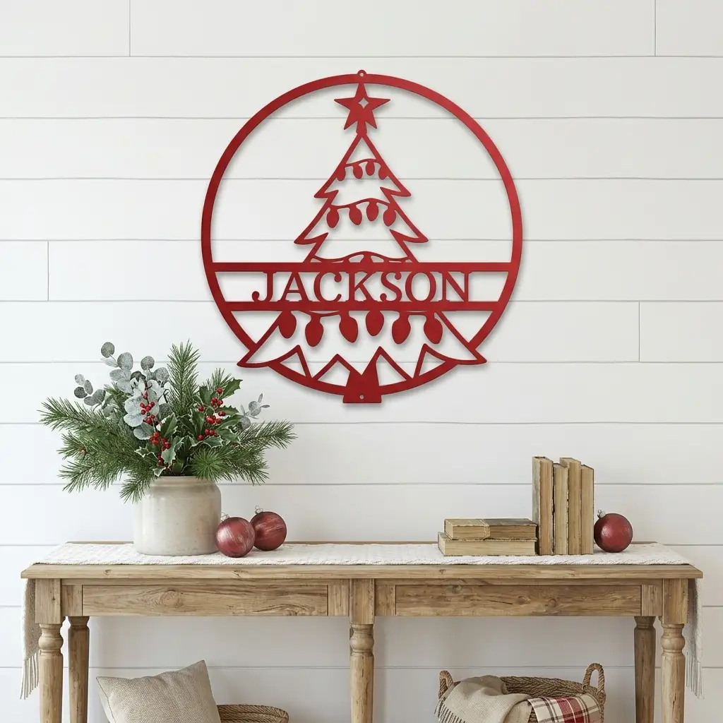 Personalized Christmas Tree Metal Wall Art – Custom Family Name Holiday Sign – Handmade Steel Décor (5 Sizes, 5 Colors)