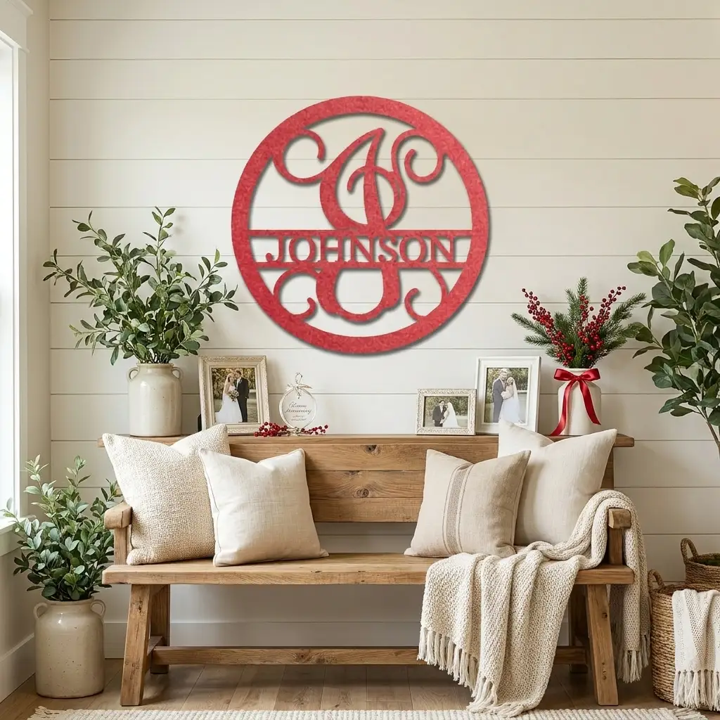 Circle Vine Monogram Personalized Name Indoor Outdoor Steel Wall Sign Metal Art
