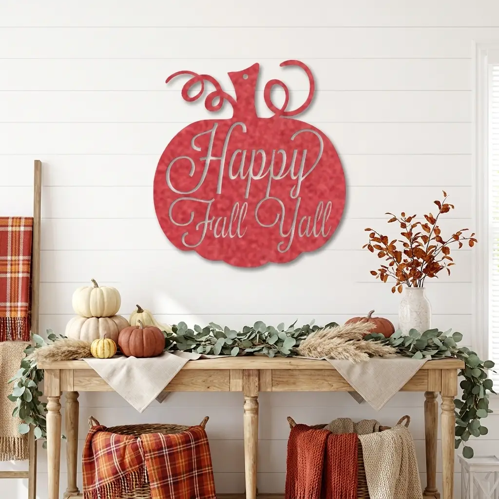 Happy Fall Y'all Pumpkin Metal Wall Art | Autumn Pumpkin Wall Decor | Rustic Farmhouse Fall Sign | Thanksgiving Porch & Entryway Decor | Seasonal Metal Wall Hanging | Made in USA