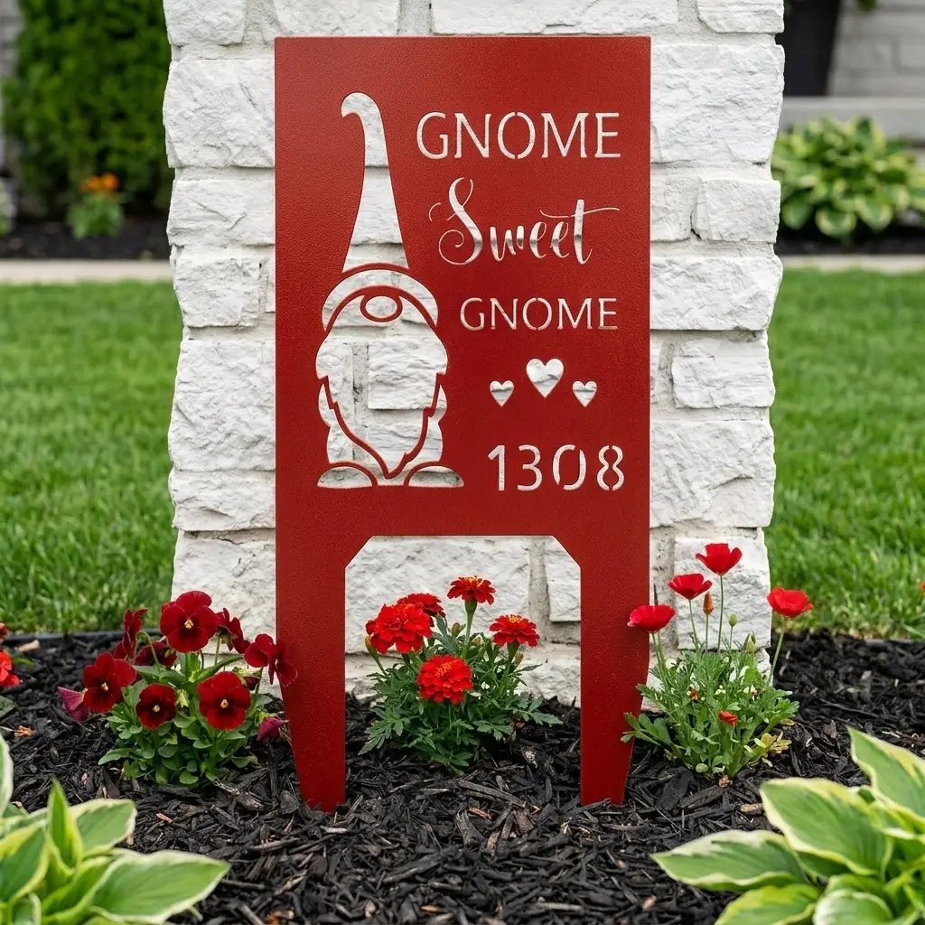 Personalized Gnome Sweet Gnome Address Sign | Custom Metal House Number Sign | Gnome Welcome Wall Decor | Outdoor Address Plaque | Made in USA