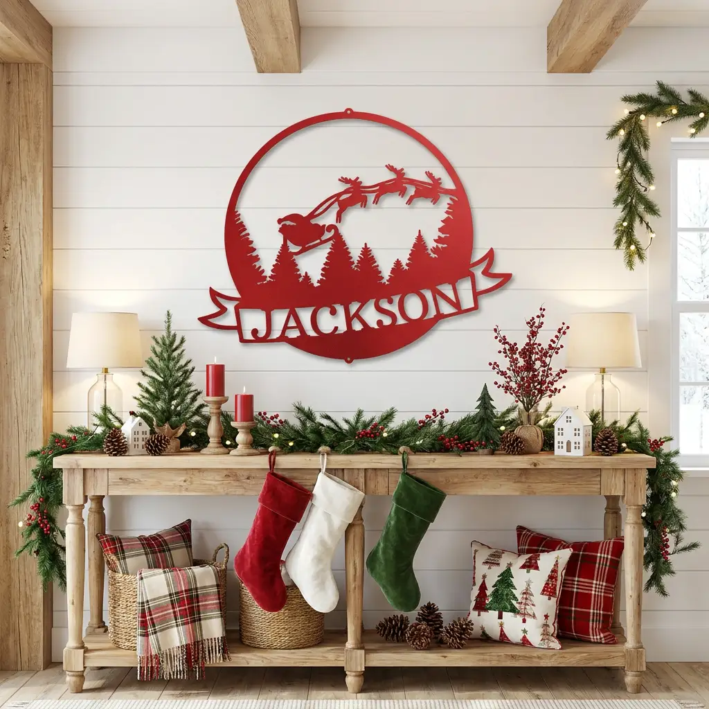 Personalized Santa Sleigh Flying Through Sky Metal Wall Art – Custom Family Name Banner Christmas Sign – Holiday Steel Décor (5 Sizes, 5 Colors)