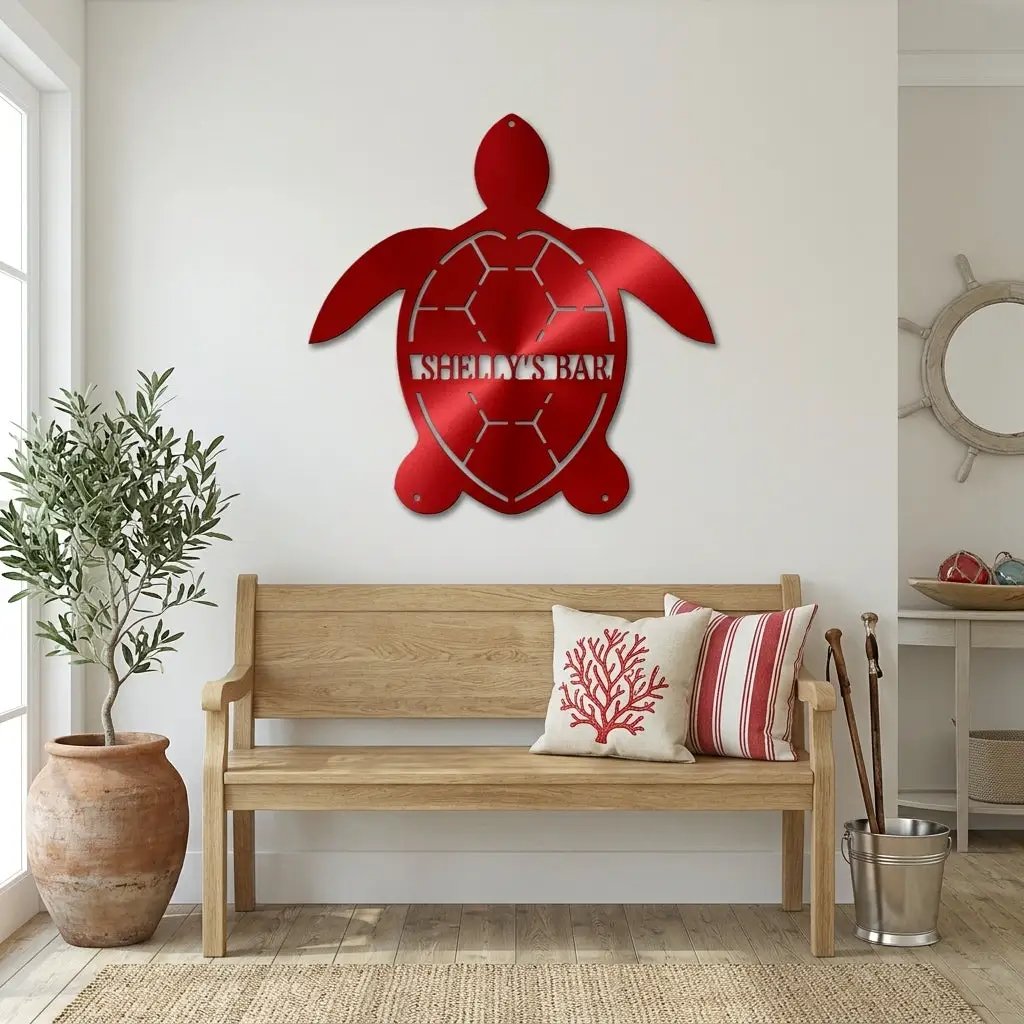 Personalized Sea Turtle Metal Wall Art – Custom Beach Name Sign – Coastal Decor – Ocean Wall Art
